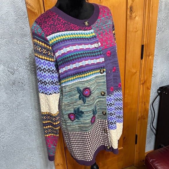 Coldwater Creek Colorful Patchwork Button-Up Sweater - Picture 2 of 6
